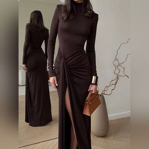 Dark Brown Turtleneck Long Sleeve Slit Maxi Dress